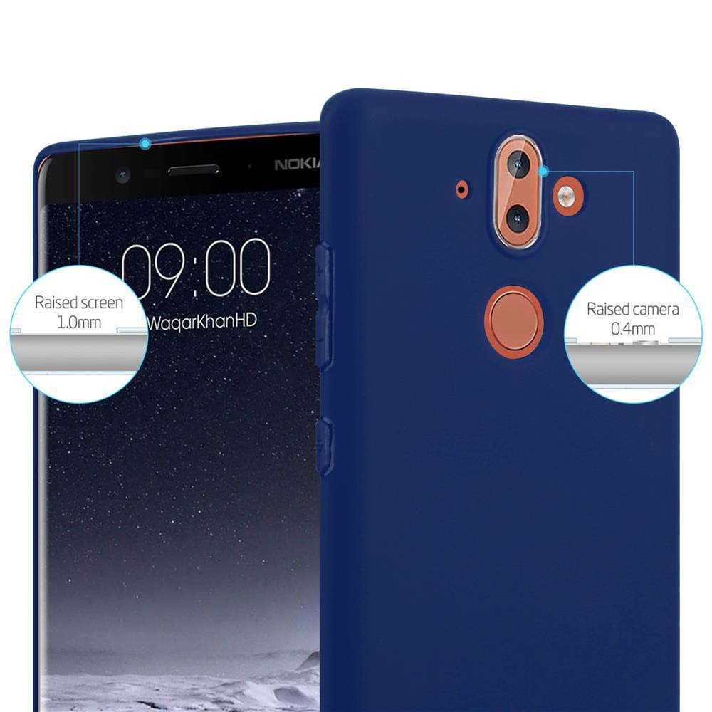 Una custodia blu scuro protegge un Nokia con le 09:00 sullo schermo.
