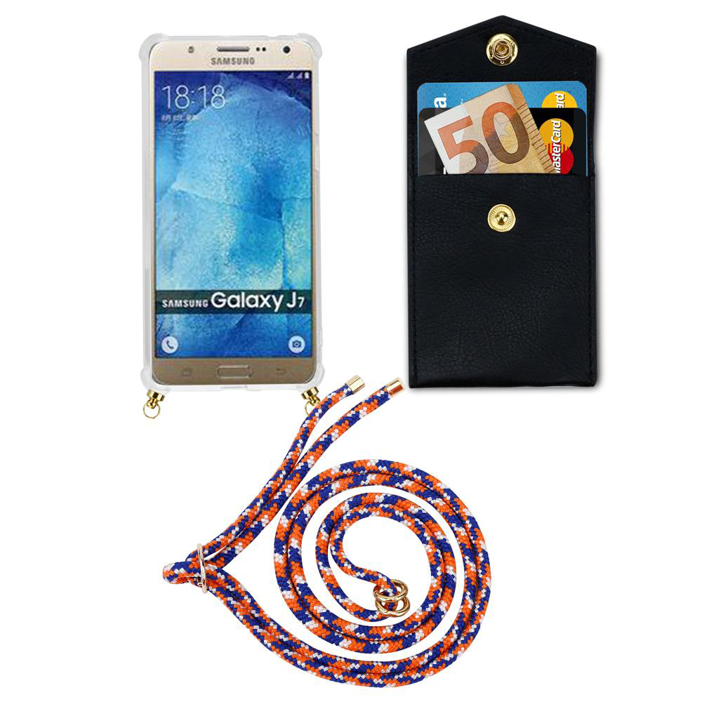 Samsung Galaxy J7 dorato con porta carte nero e cordino.