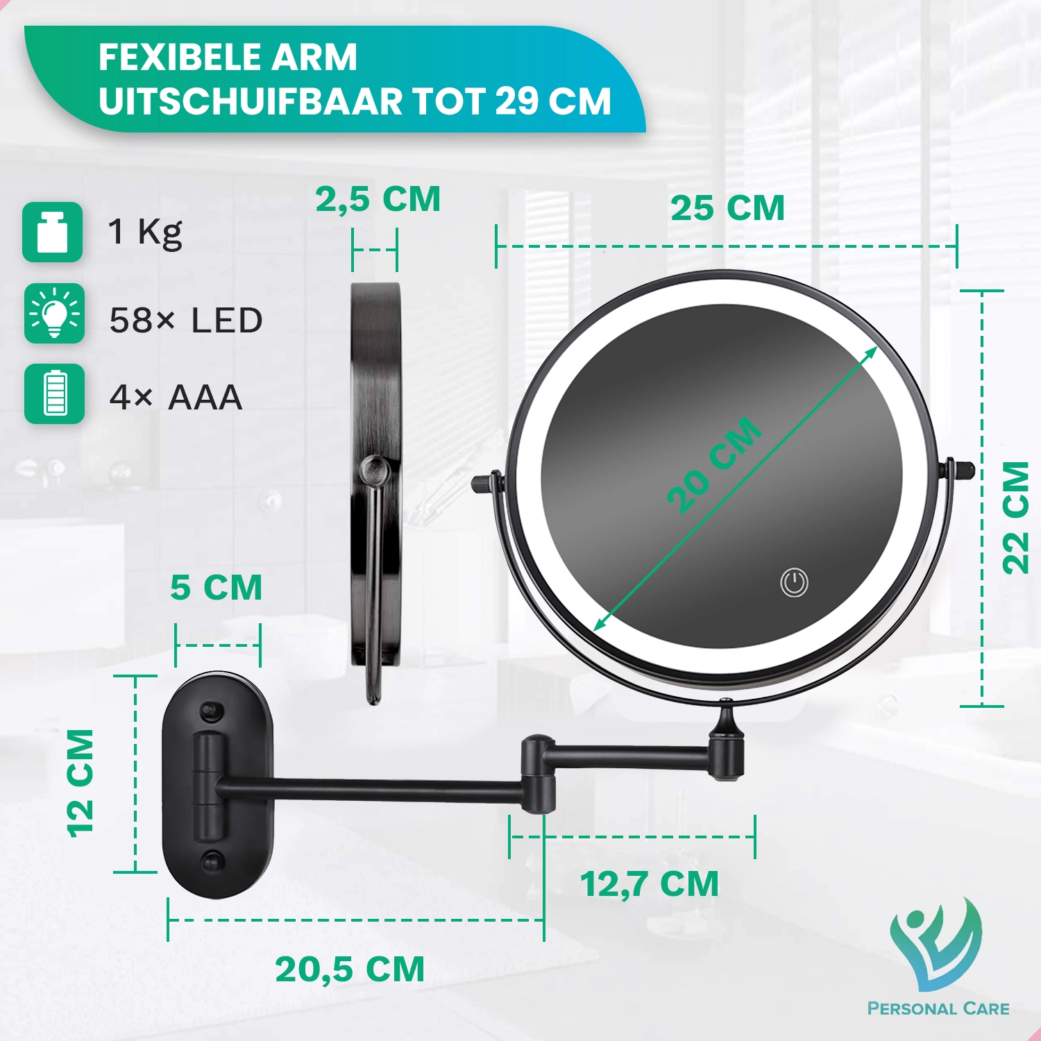 Black makeup mirror with flexible arm, 20cm diameter, dimensions shown.