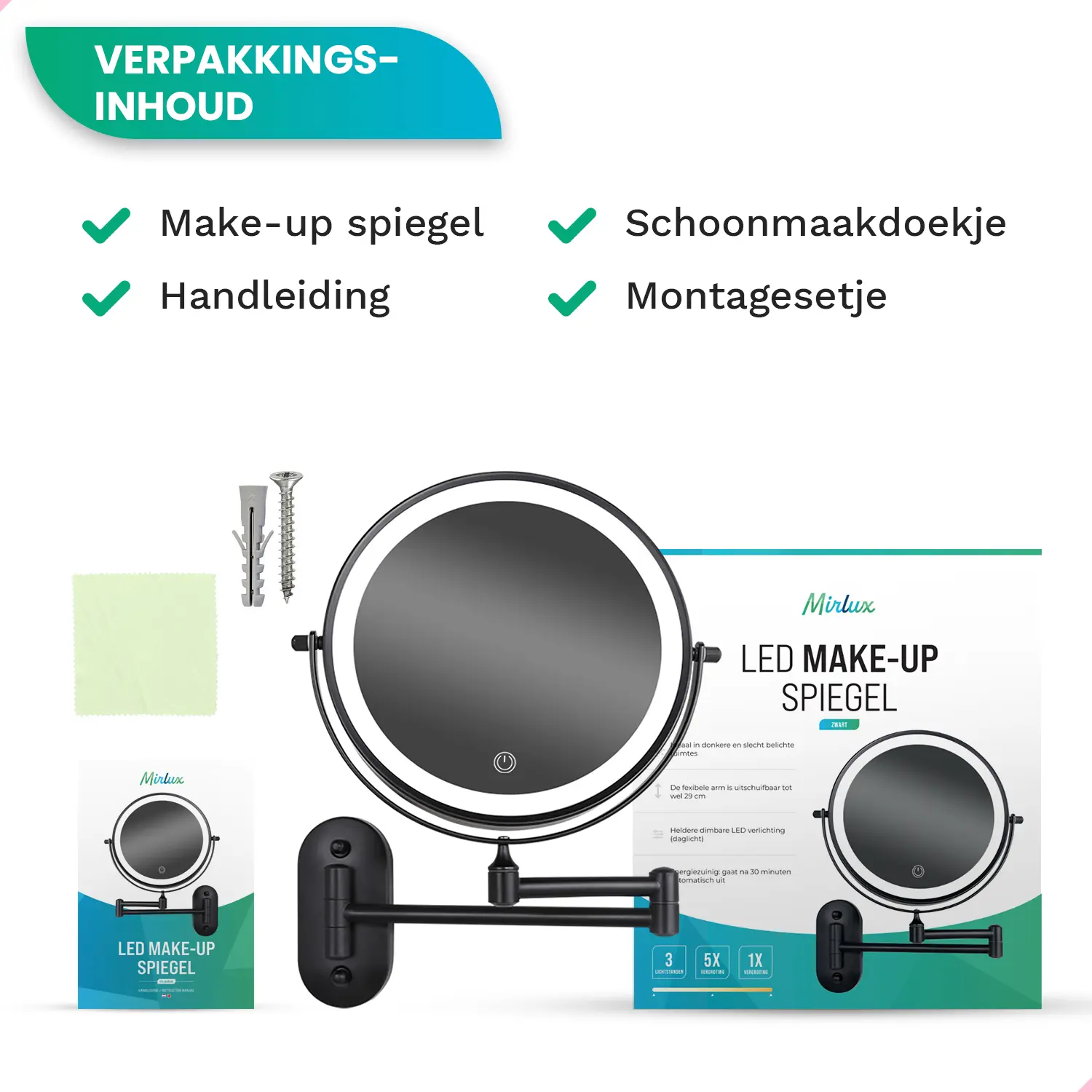 Packaging contents: A Mirlux LED makeup mirror with arm, manual, cloth, and mounting hardware.