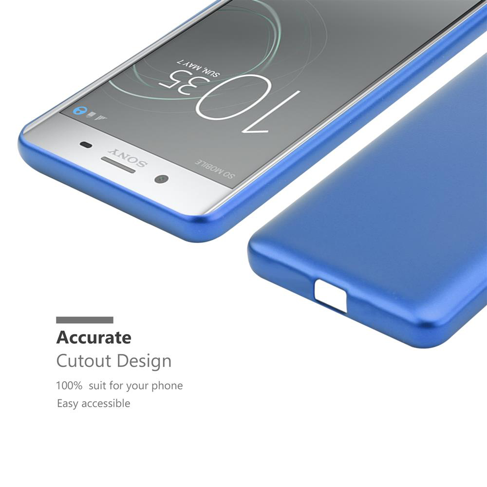 Una custodia blu per telefono accanto a uno smartphone Sony. Design preciso con ritagli.