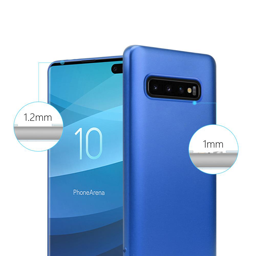 Telefono blu con custodia. Mostra spessori di 1,2 mm e 1 mm.