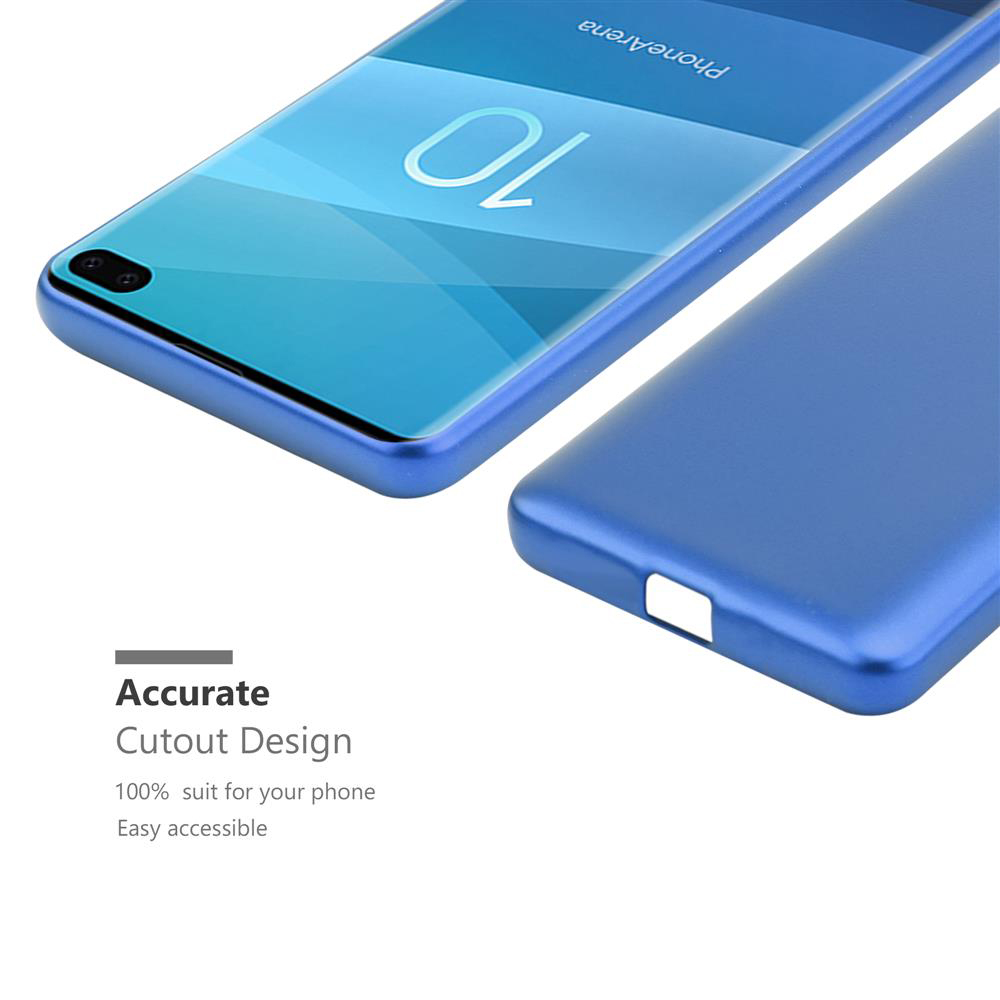 Telefono blu con custodia, che mostra il numero 10.
