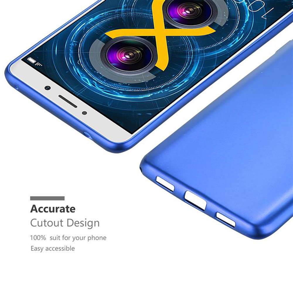 Una custodia blu per telefono accanto a uno smartphone con grafica della fotocamera.