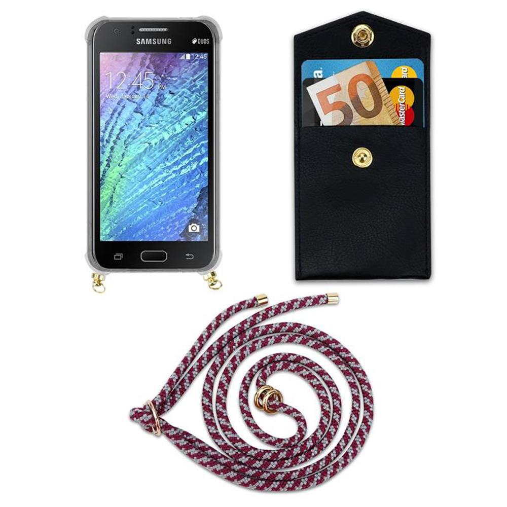 Telefono Samsung in custodia nera, portafoglio con soldi e carte, cordino.