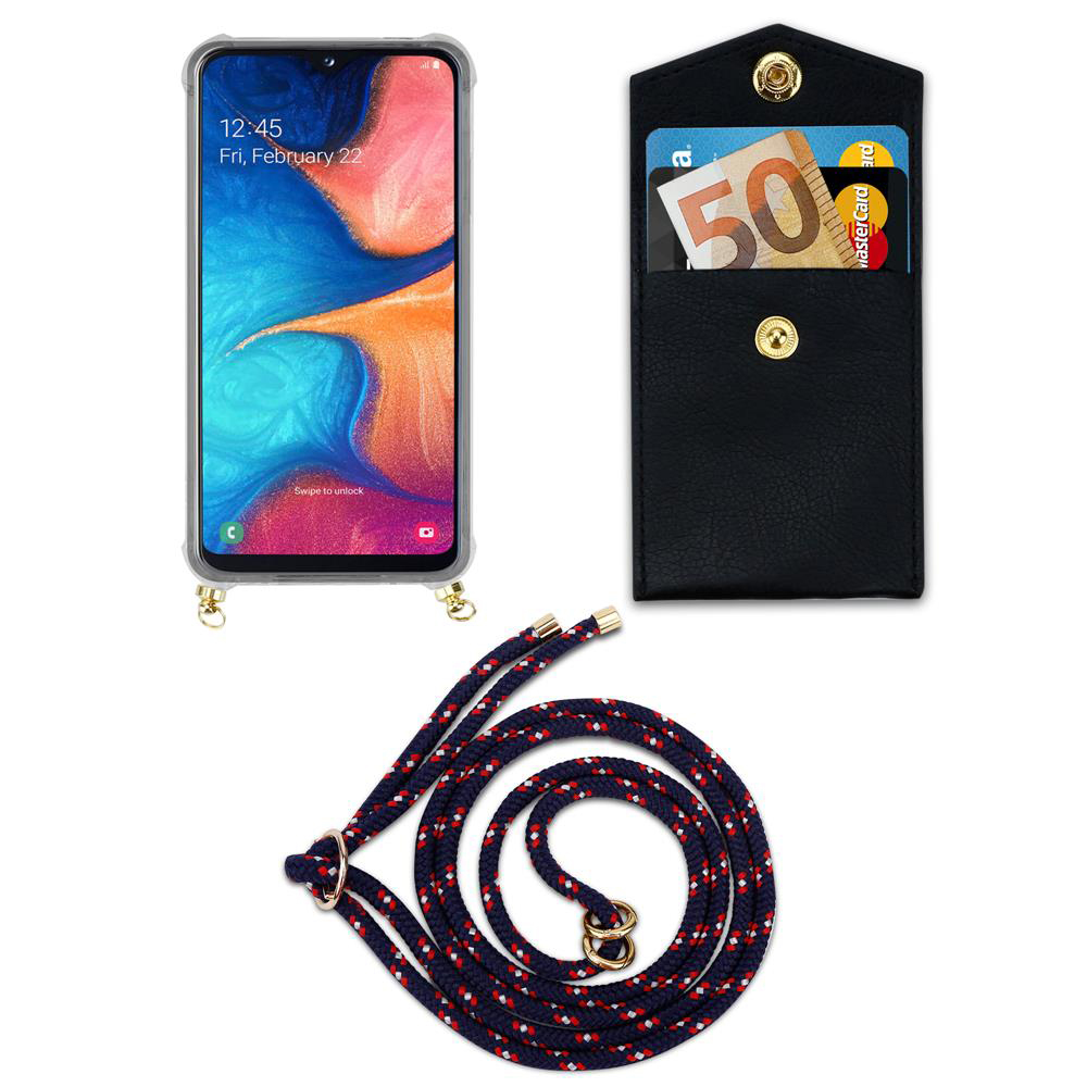 Smartphone in custodia, portafoglio con carte e soldi, e cordino.