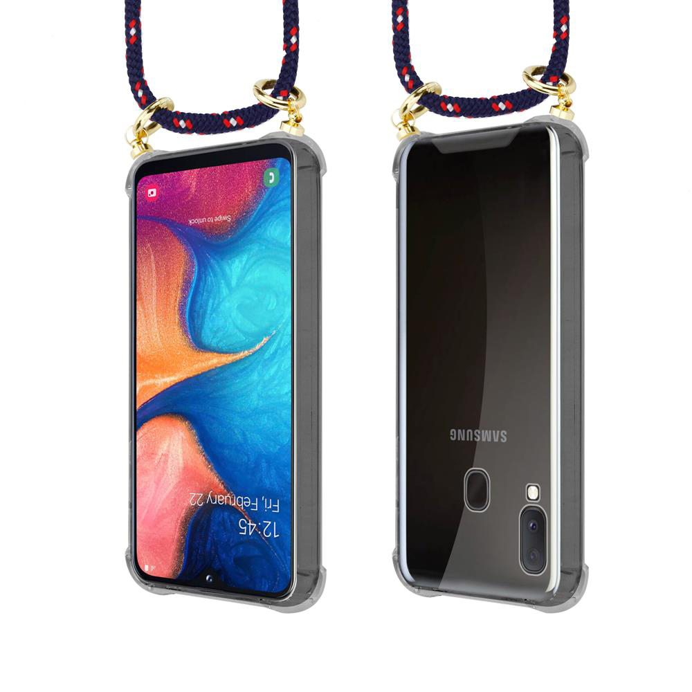 Uno smartphone in custodia trasparente con laccetto, vista frontale e posteriore.
