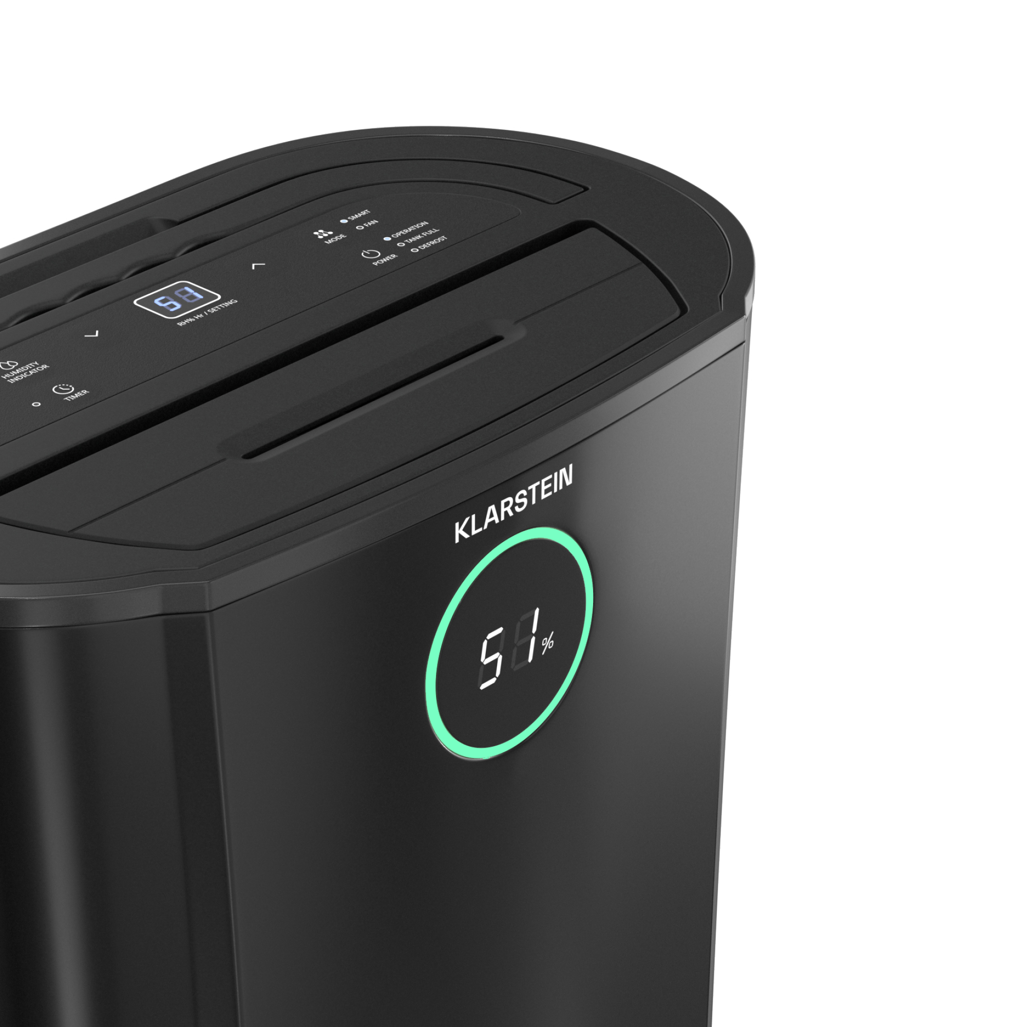 Deshumidificador negro con pantalla digital que muestra 51% de humedad.