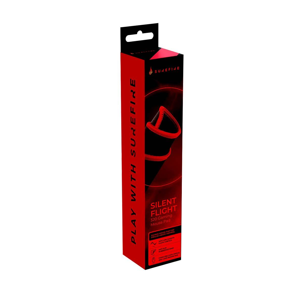 Opakowanie podkładki pod mysz dla graczy Surefire Silent Flight 320 z czerwonym tekstem.