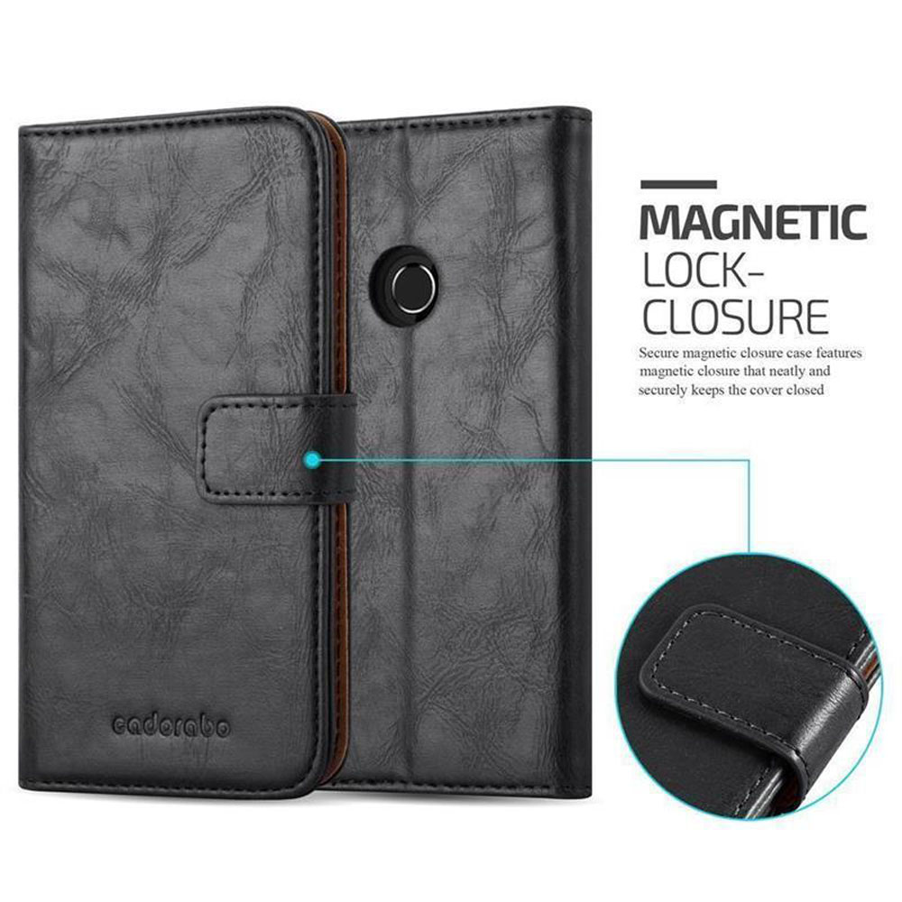 Schwarze Leder-Handyhülle mit Magnetverschluss und Branding.
