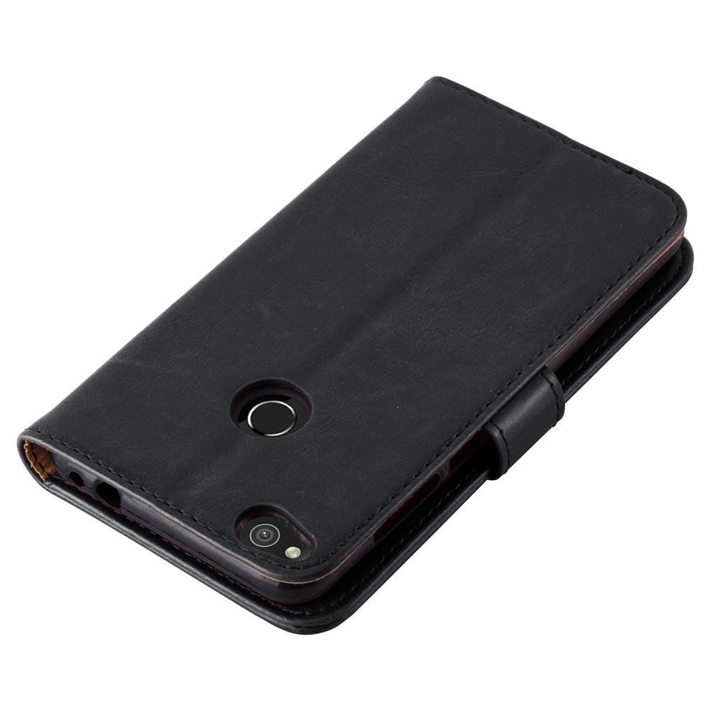 Schwarzes Leder-Flip-Case für ein Smartphone, mit Kamera- und Fingerabdrucksensor-Aussparungen.