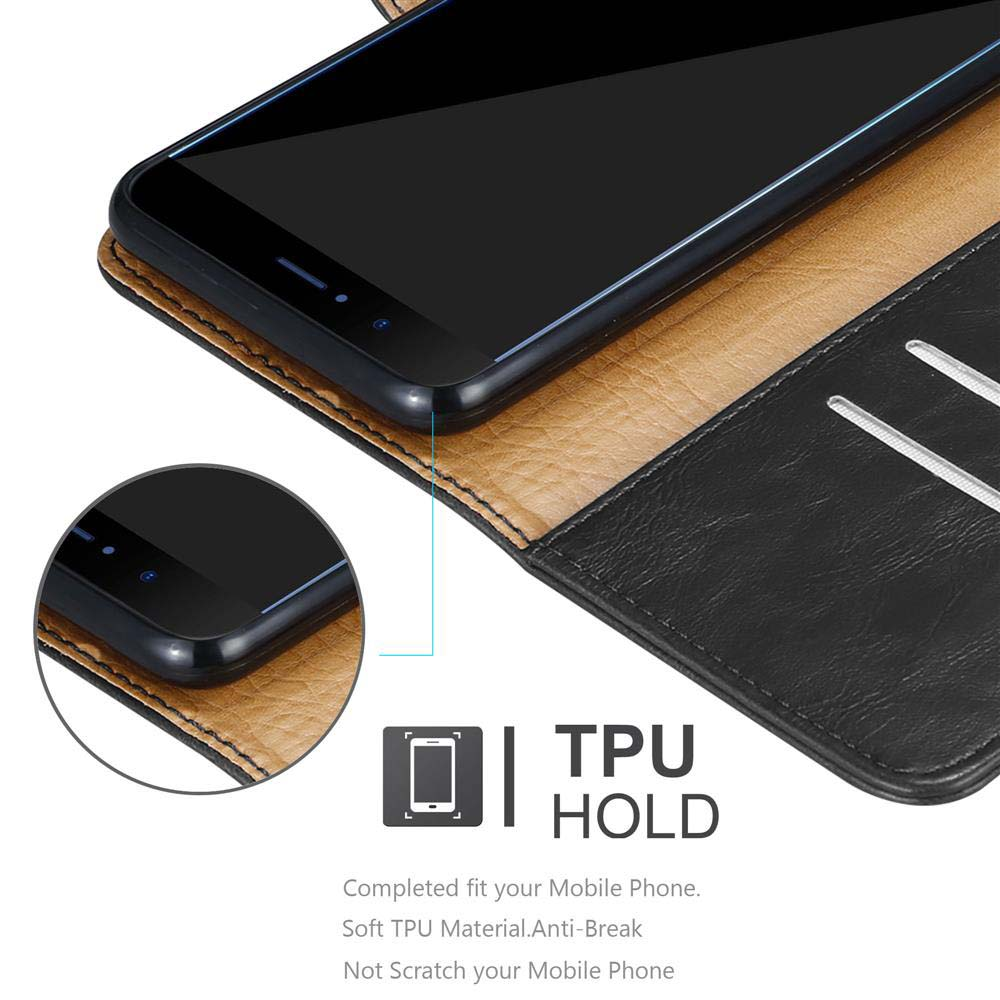 Un telefono cellulare nero in una custodia marrone e nera con supporto in TPU.