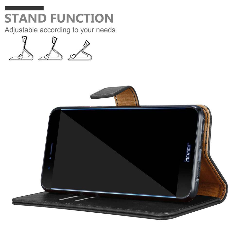 Telefono in custodia nera con funzione stand, mostra tre angolazioni regolabili.