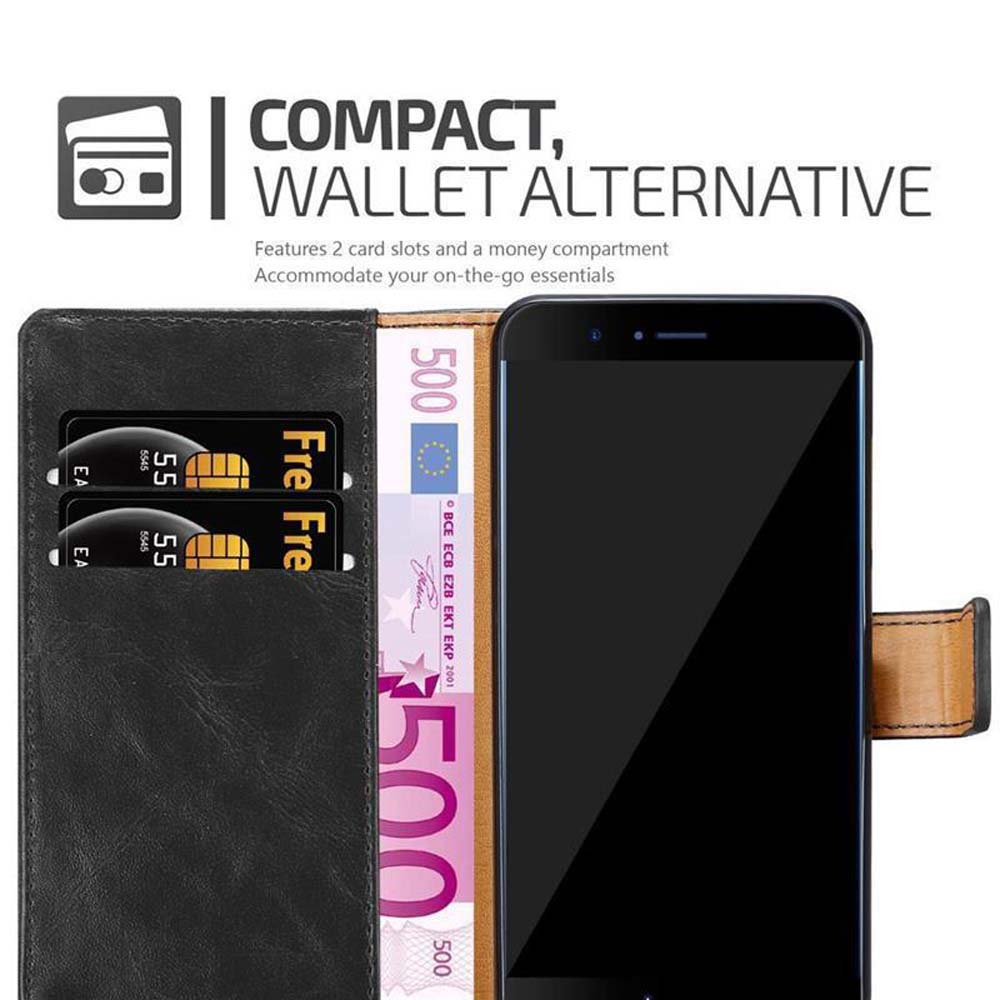 Custodia a portafoglio nera con due fessure per carte, banconota da 500 euro e smartphone.