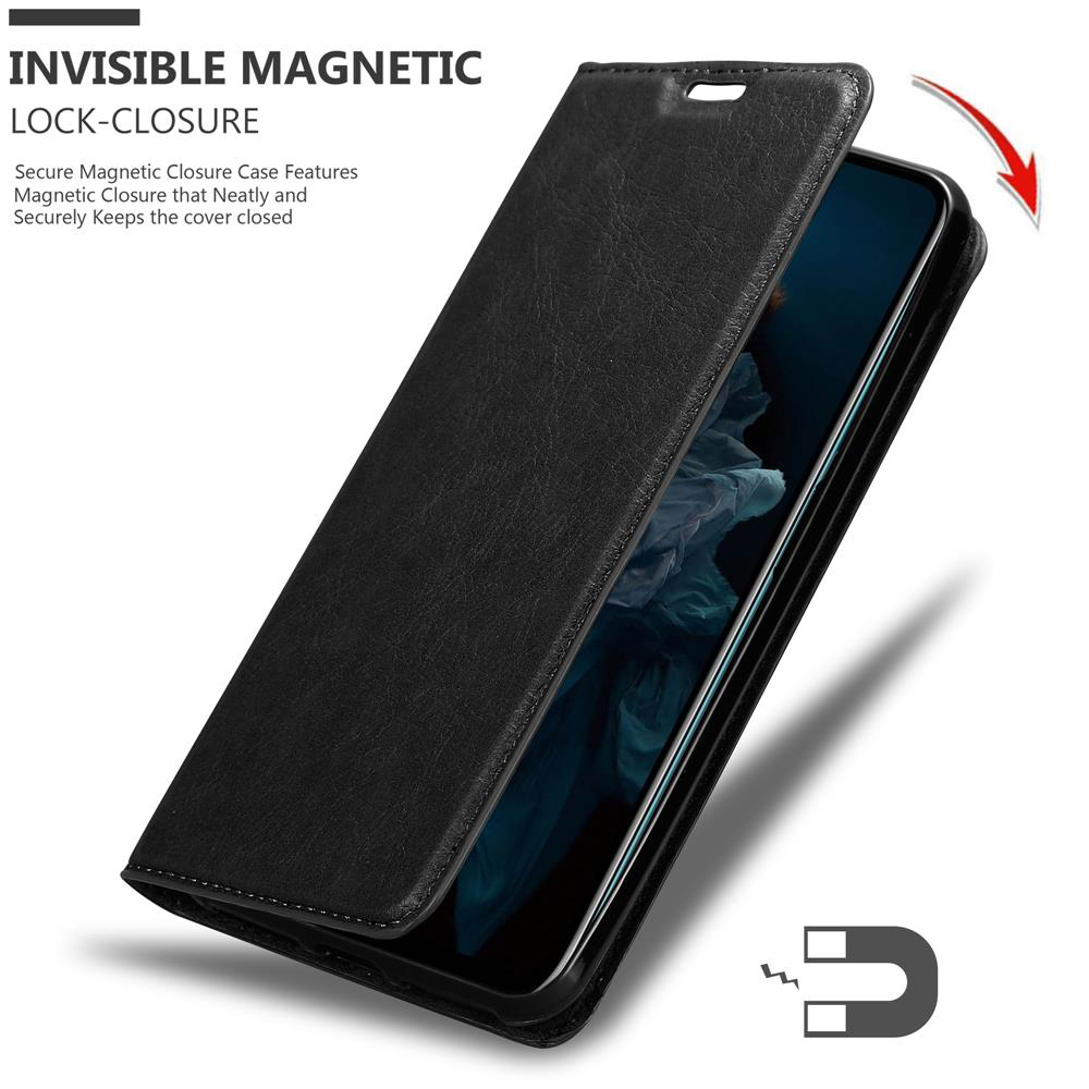 Custodia a libro nera per telefono con chiusura magnetica, mostrata in apertura.