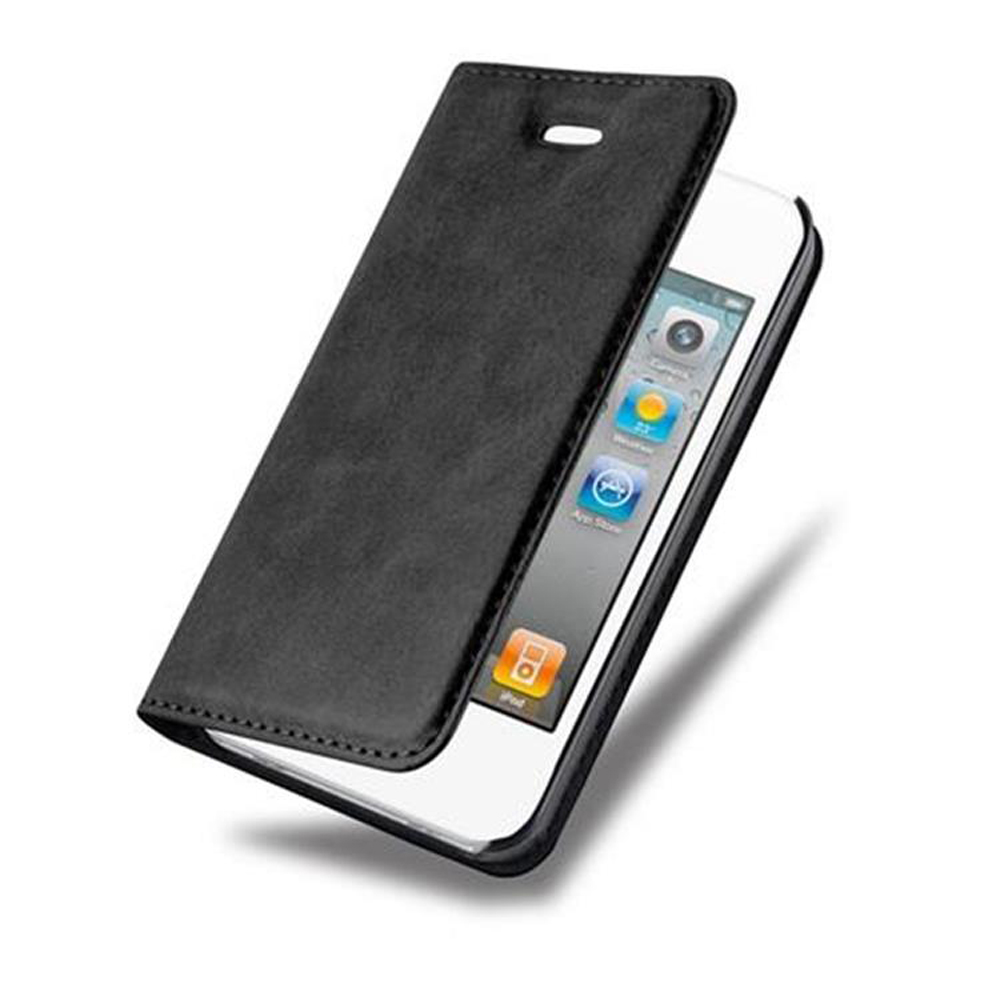 Custodia a libro nera con smartphone bianco che mostra icone app.