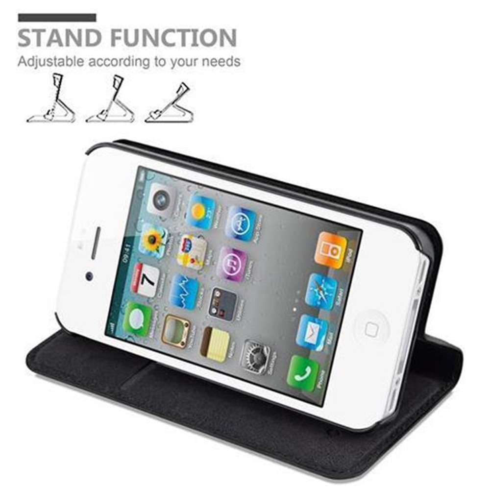 Un iPhone in una custodia nera con funzione di supporto regolabile.