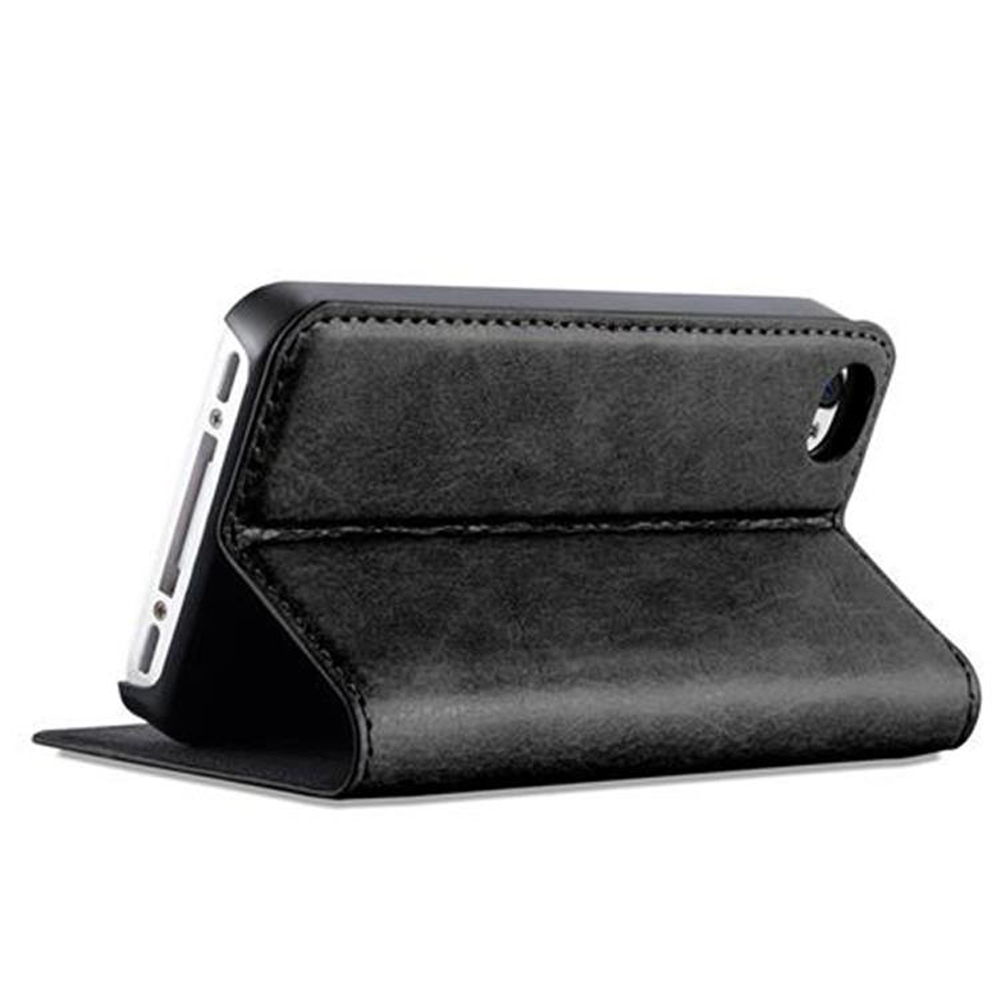 Custodia a libro in pelle nera per smartphone, aperta.