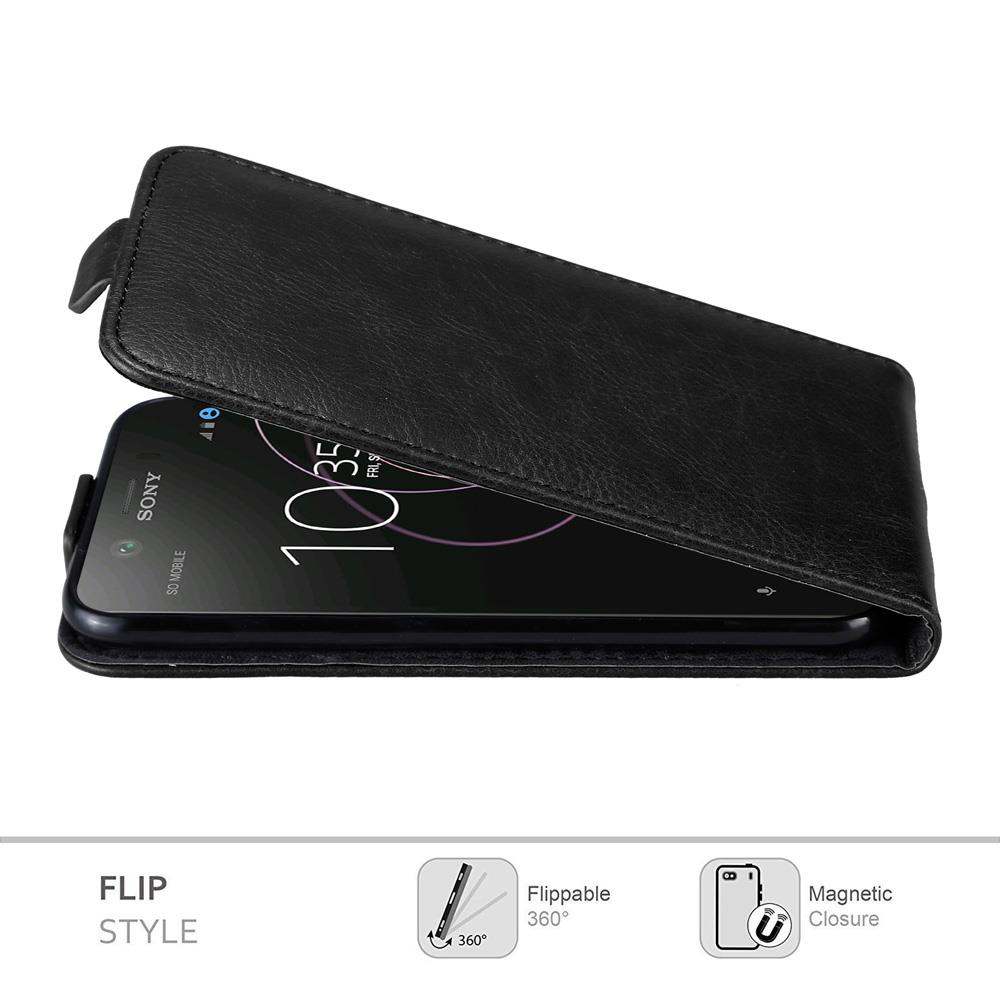 Custodia a libro nera per smartphone Sony che mostra le 10:35. Chiusura magnetica.