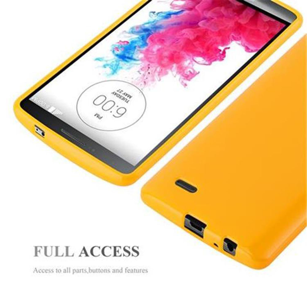 Custodia gialla per smartphone con schermo che mostra le 18:00 e sfondo colorato. Un'altra custodia dietro.