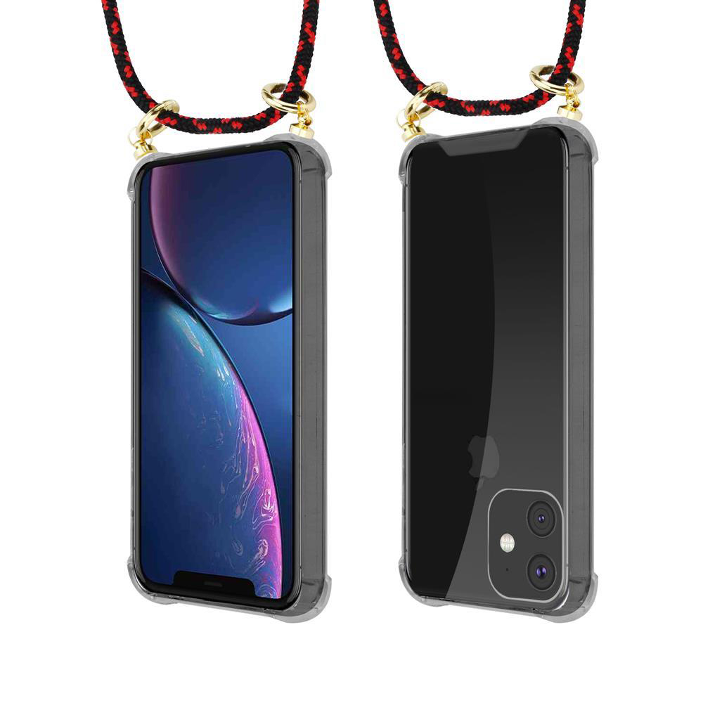 Due smartphone in custodie trasparenti con cordini su sfondo bianco.