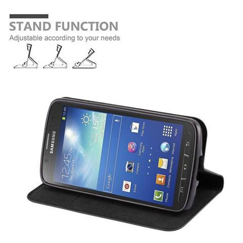 Schwarzes Samsung-Handy in einer Ständerhülle. Oben zeigen Standfunktion-Diagramme.