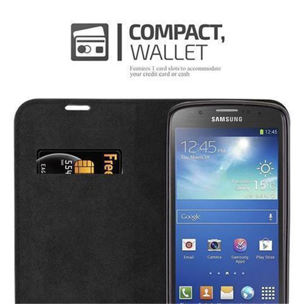 Schwarzes Wallet-Etui mit einer Karte und einem Smartphone. Oben Text: KOMPAKT, WALLET.