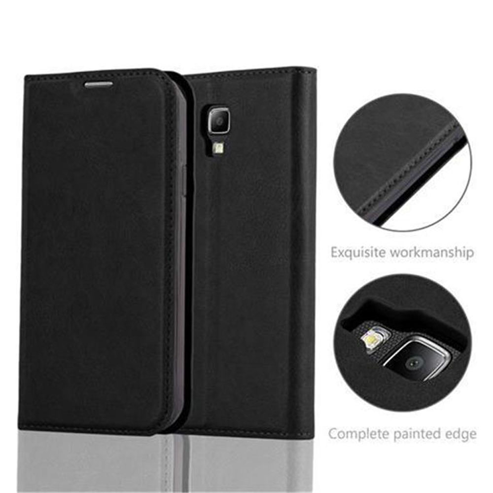 Schwarzes Handy-Flipcase mit Kameraausschnitt und Nahaufnahmen.