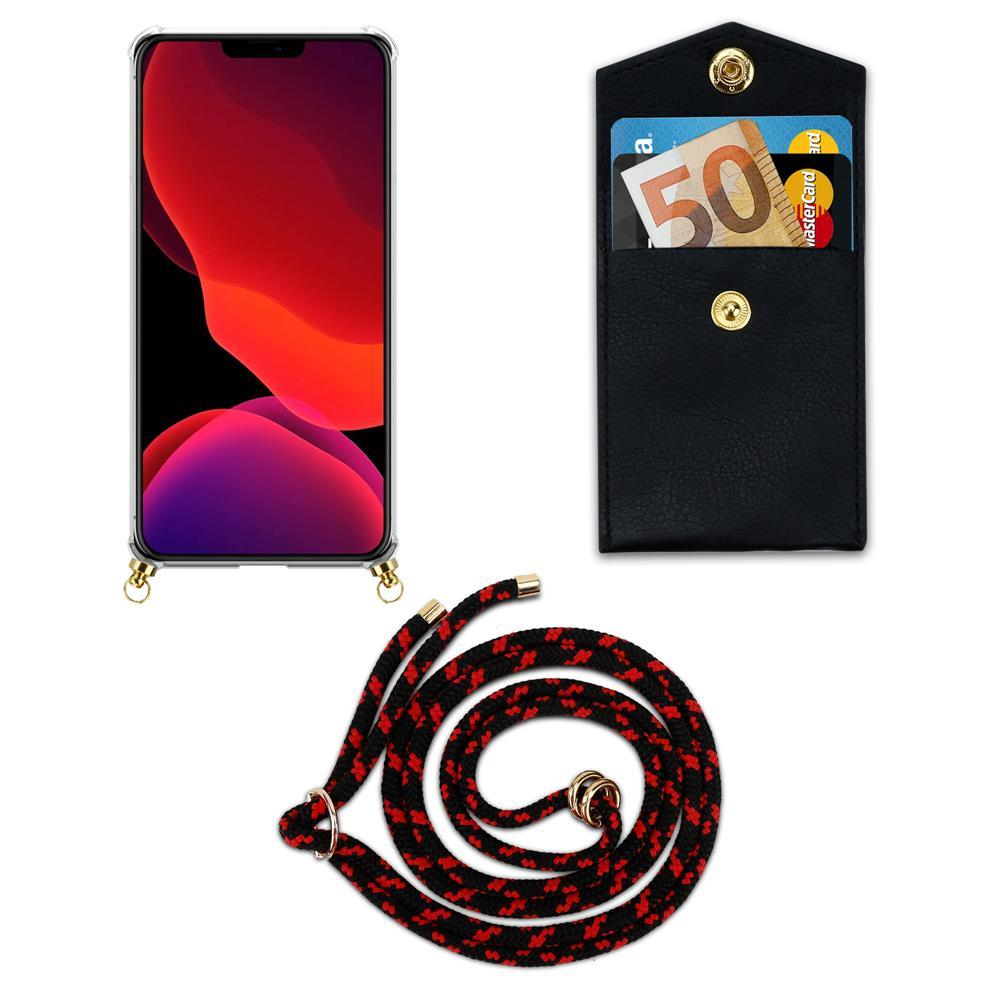 Uno smartphone con sfondo rosso, un portafoglio nero con carte e denaro, e un cordino rosso e nero.