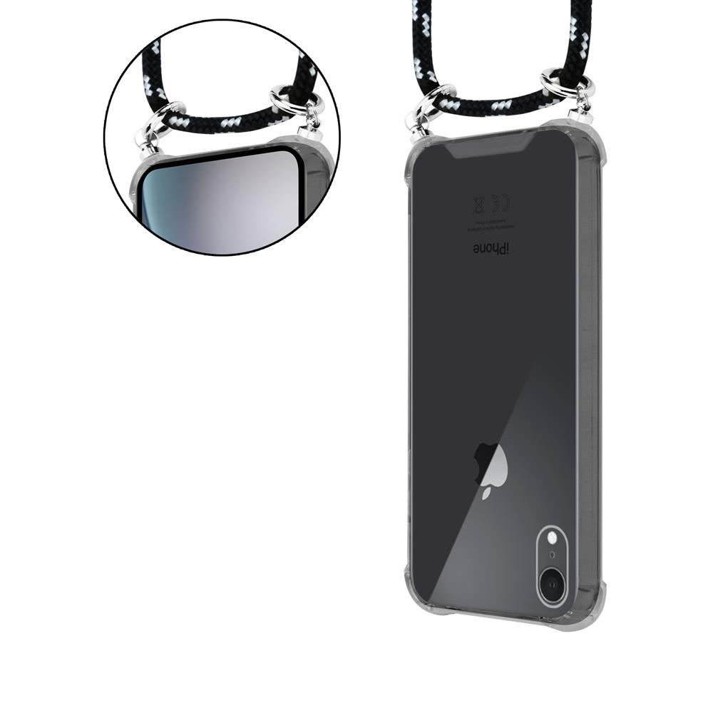 Ein durchsichtiges iPhone-Gehäuse mit einem schwarz-weißen Seilband.