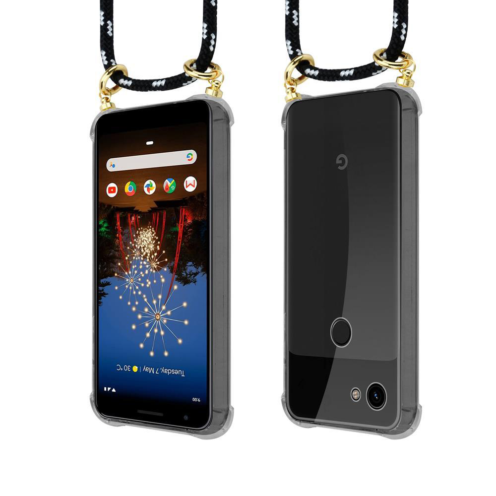 Zwei Smartphones in transparenten Hüllen mit Lanyards, Vorder- und Rückansicht.