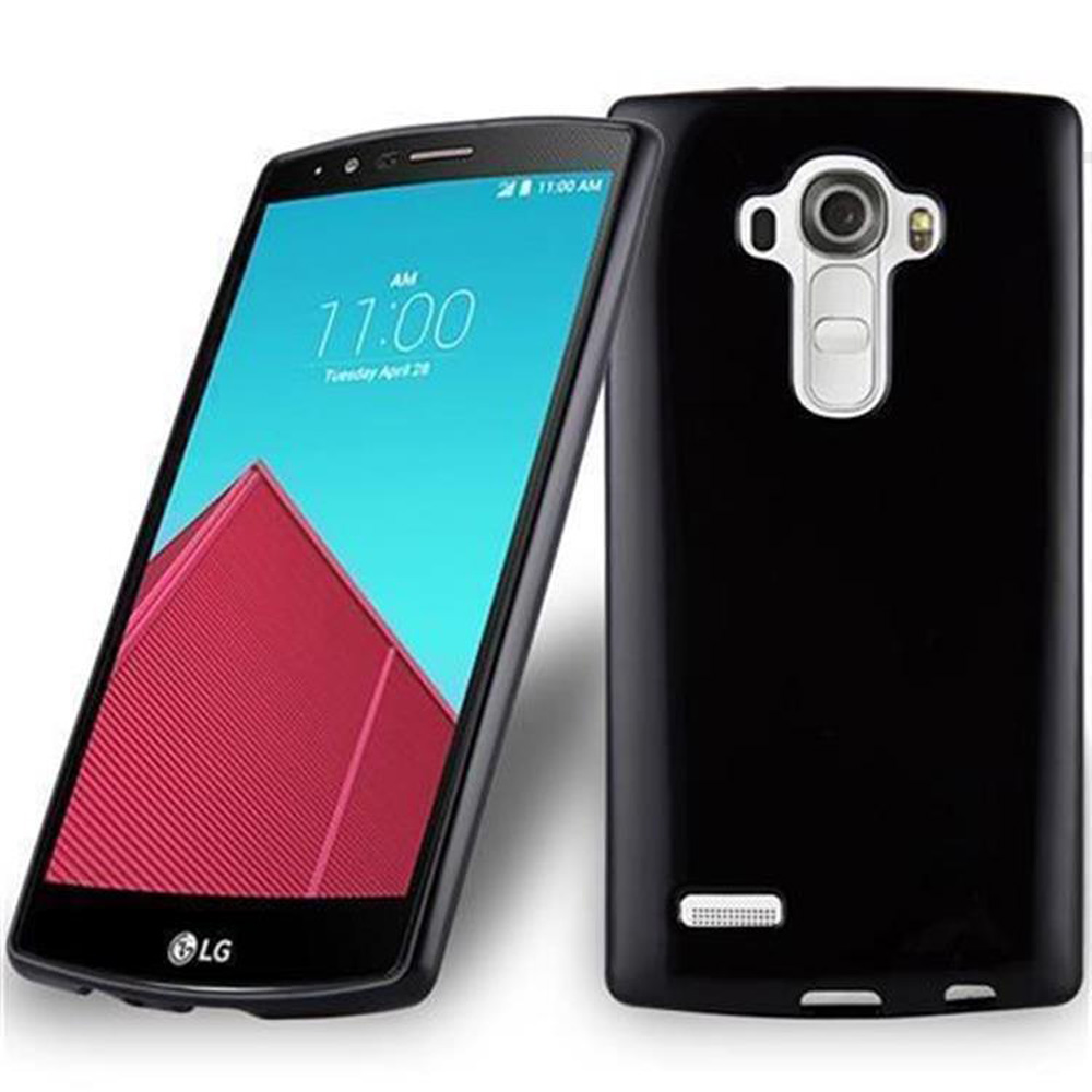 Un smartphone LG negro con un patrón rojo en su pantalla.