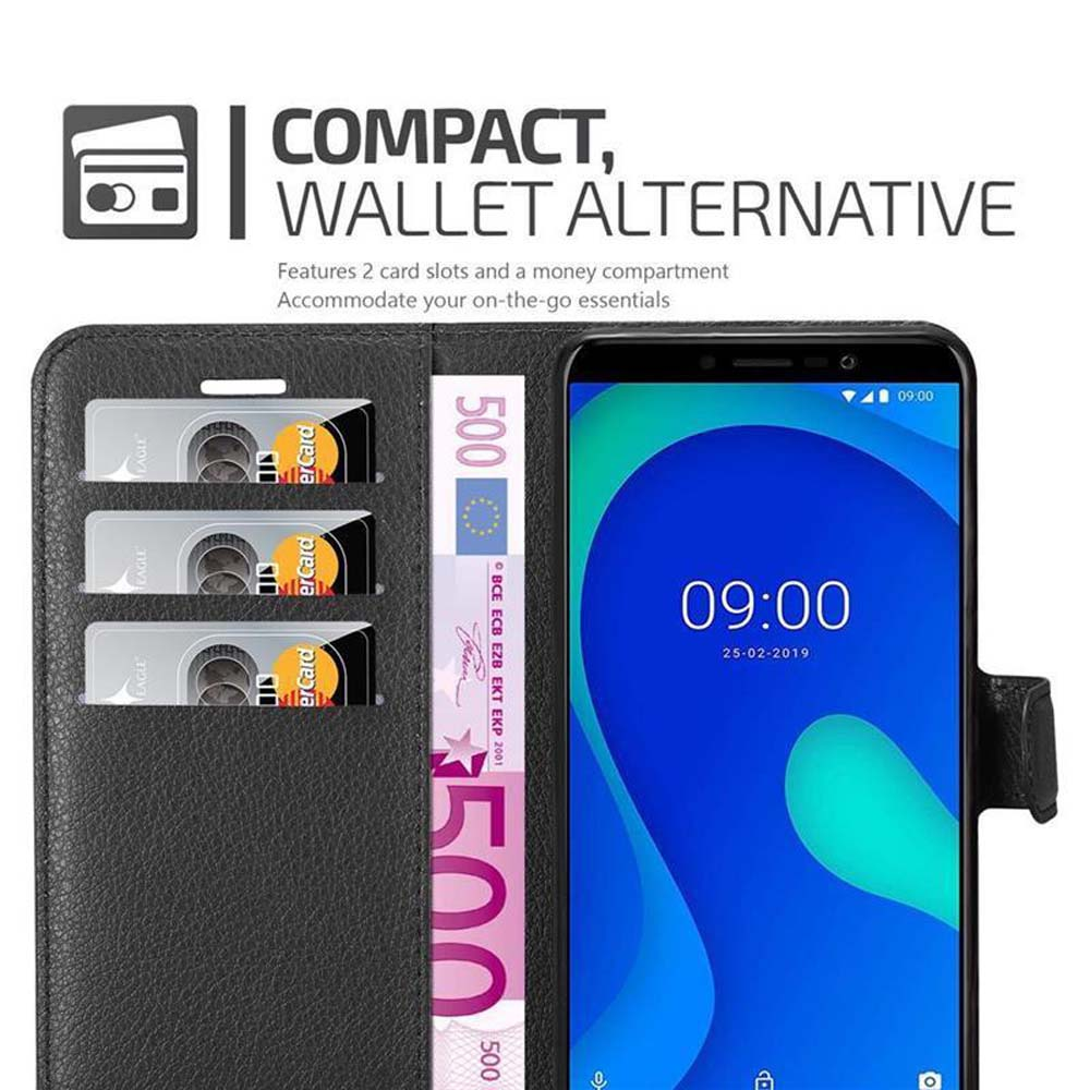 Custodia a portafoglio nera con 3 carte, banconota da 500 euro e smartphone che mostra le 9:00.
