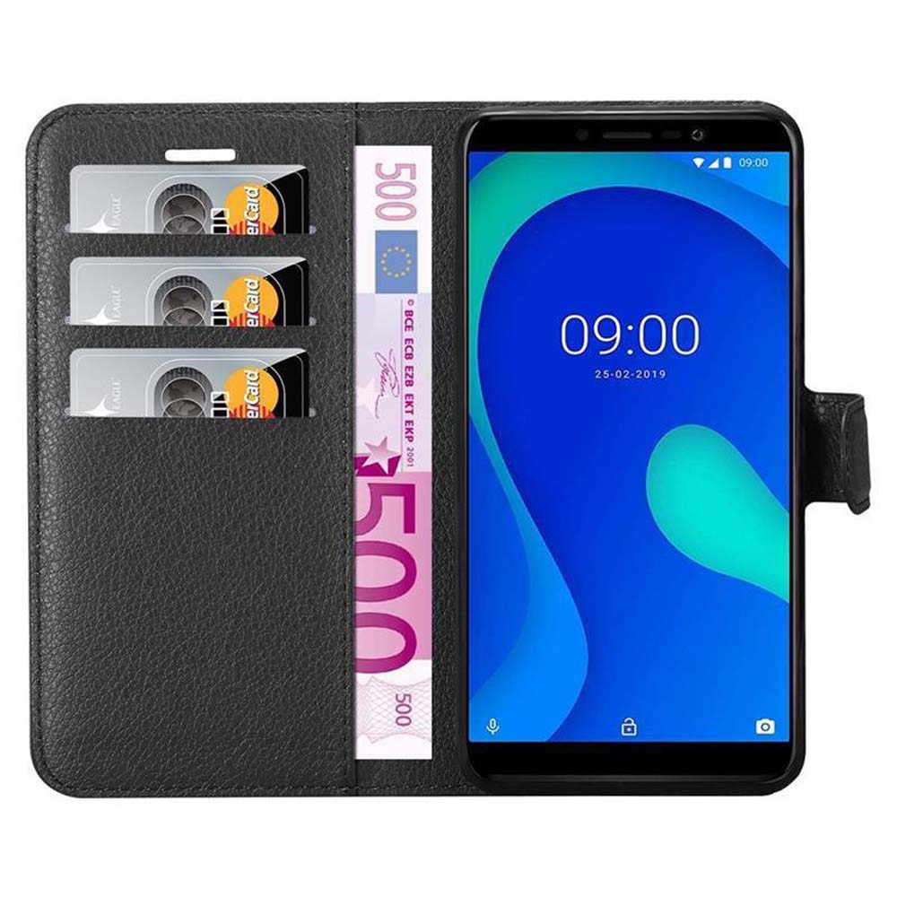 Portafoglio nero con tre fessure per carte, una banconota da 500 euro e uno smartphone.