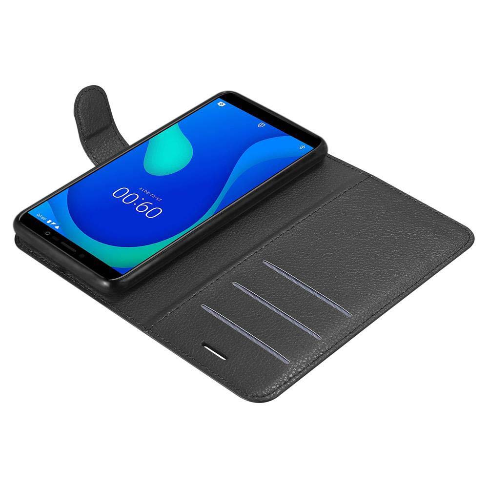 Uno smartphone nero in una custodia a portafoglio in pelle nera aperta con slot per carte.