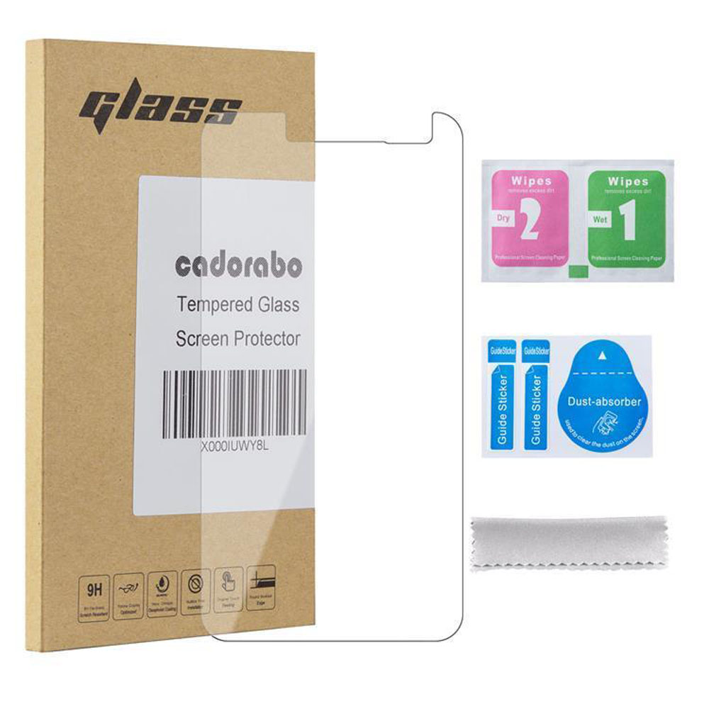 Confezione protettore schermo Cadorabo con accessori: salviette, adesivi, assorbi polvere.