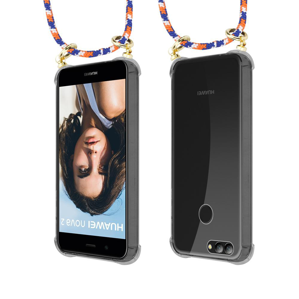 Due telefoni Huawei Nova 2 con cordini. Uno mostra un viso, l'altro è nero.