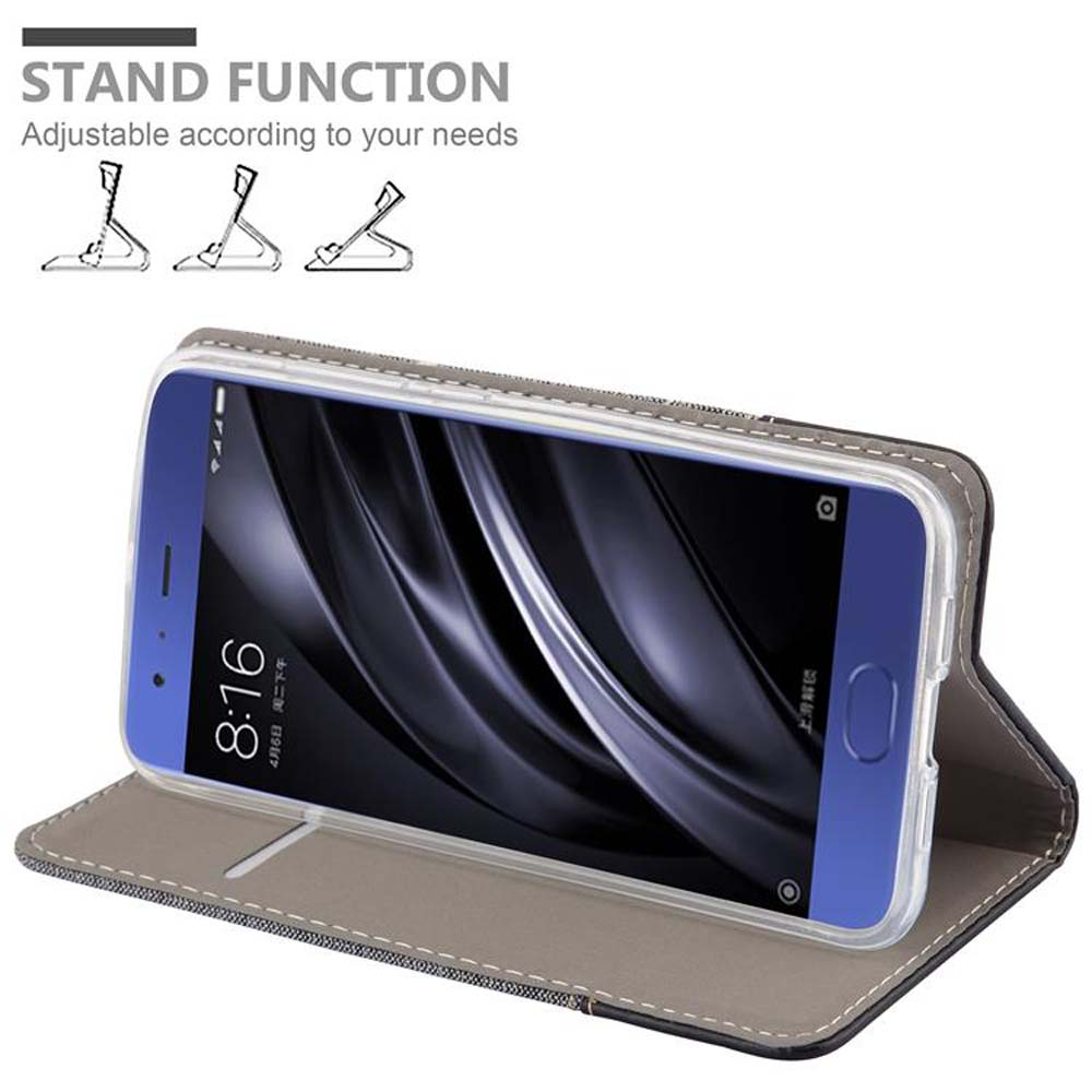 Uno smartphone in una custodia grigia con funzione stand, tre angoli regolabili sopra.
