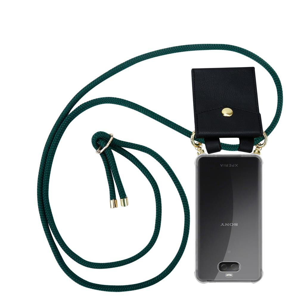 Ein schwarzes Smartphone mit einem grünen Umhängeband und einer kleinen schwarzen Tasche.