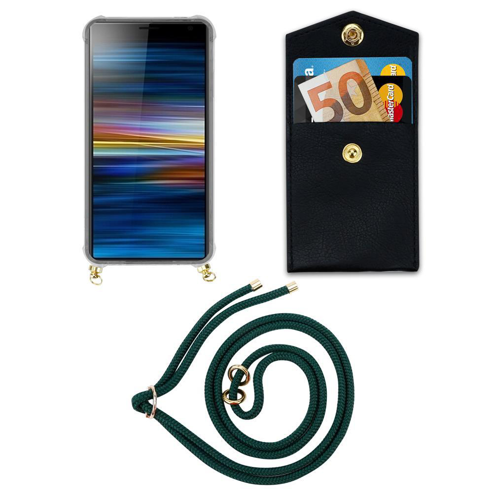 Smartphone mit Hülle, Geldbörse mit Geld und Karten, und ein grünes Band.