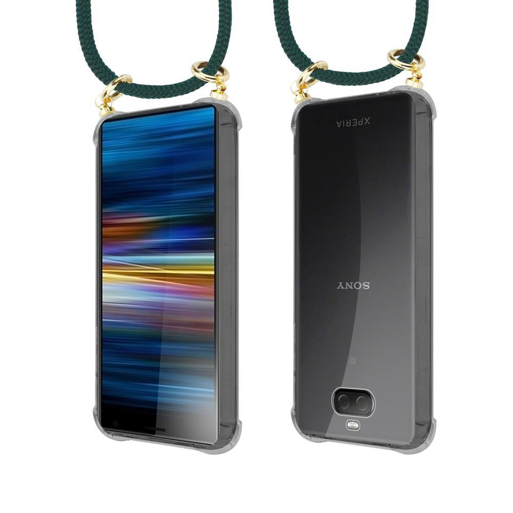 Vorder- und Rückansicht eines Sony Xperia Telefons in einer Hülle mit grünen Lanyards.