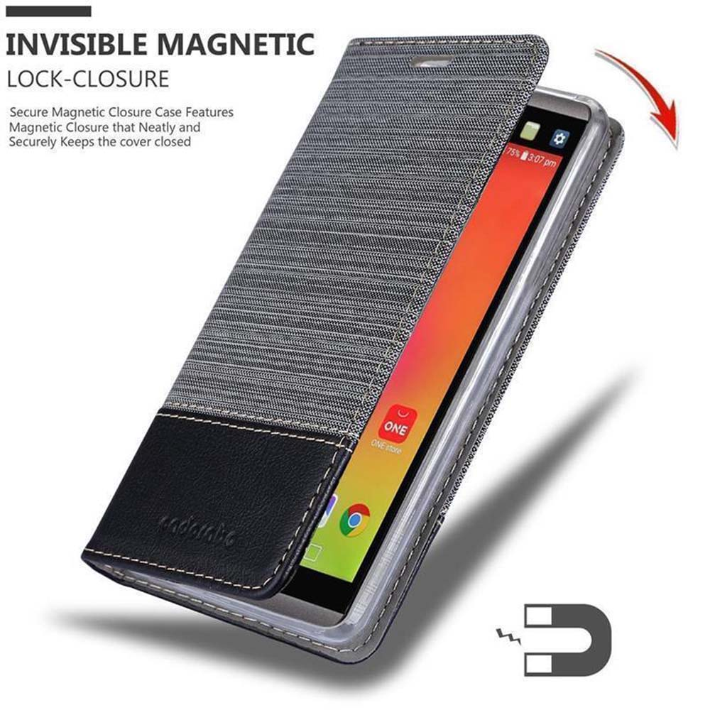 Custodia per telefono con chiusura magnetica, tessuto grigio, pelle nera e schermo.