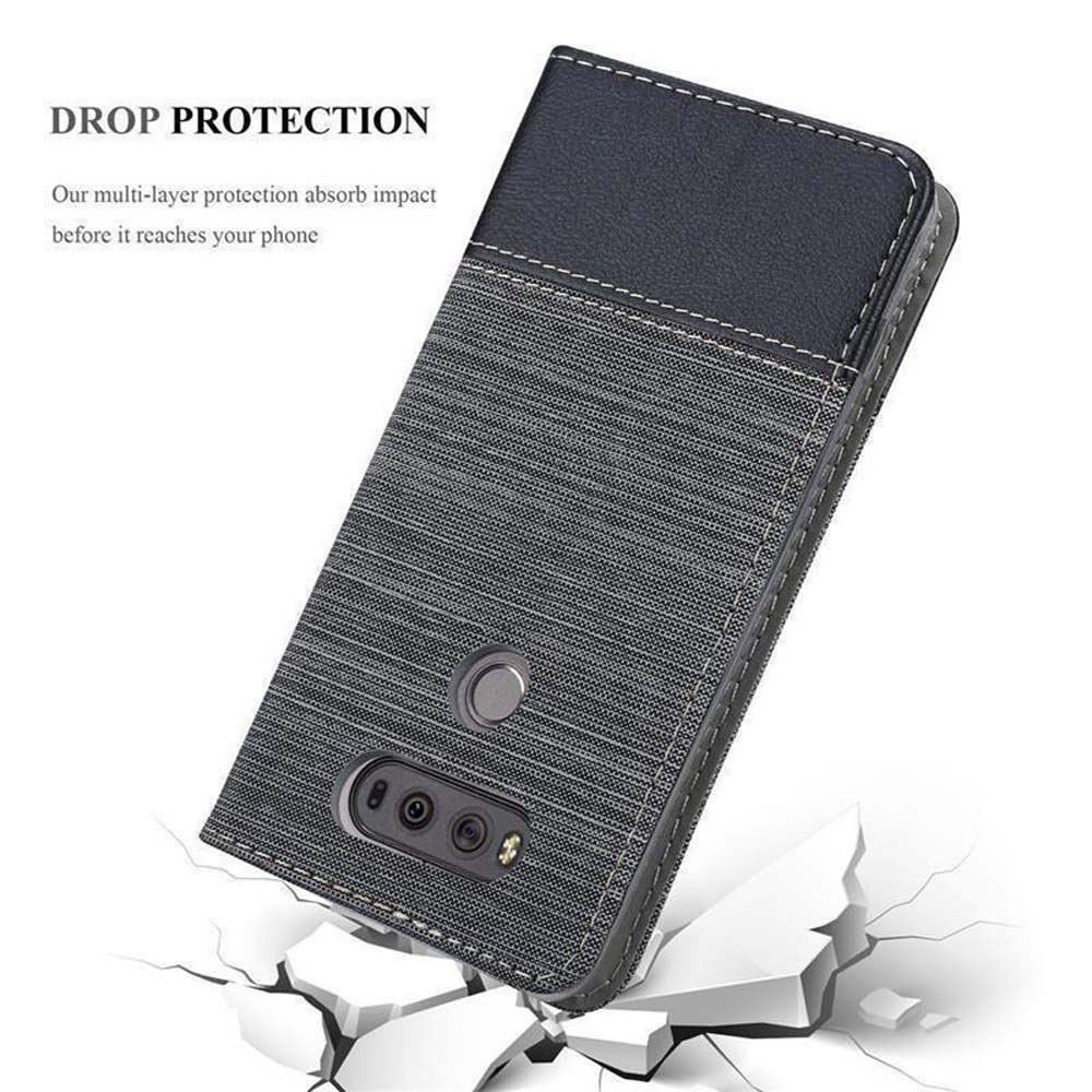 Custodia grigia per telefono con parte superiore in pelle nera, mostra "DROP PROTECTION".