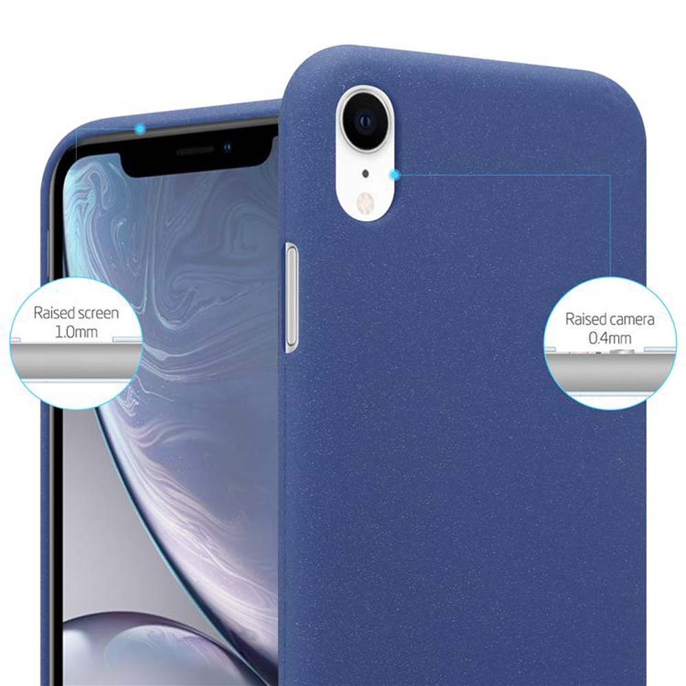 Custodia blu per telefono mostra dettagli rialzati per schermo e fotocamera.