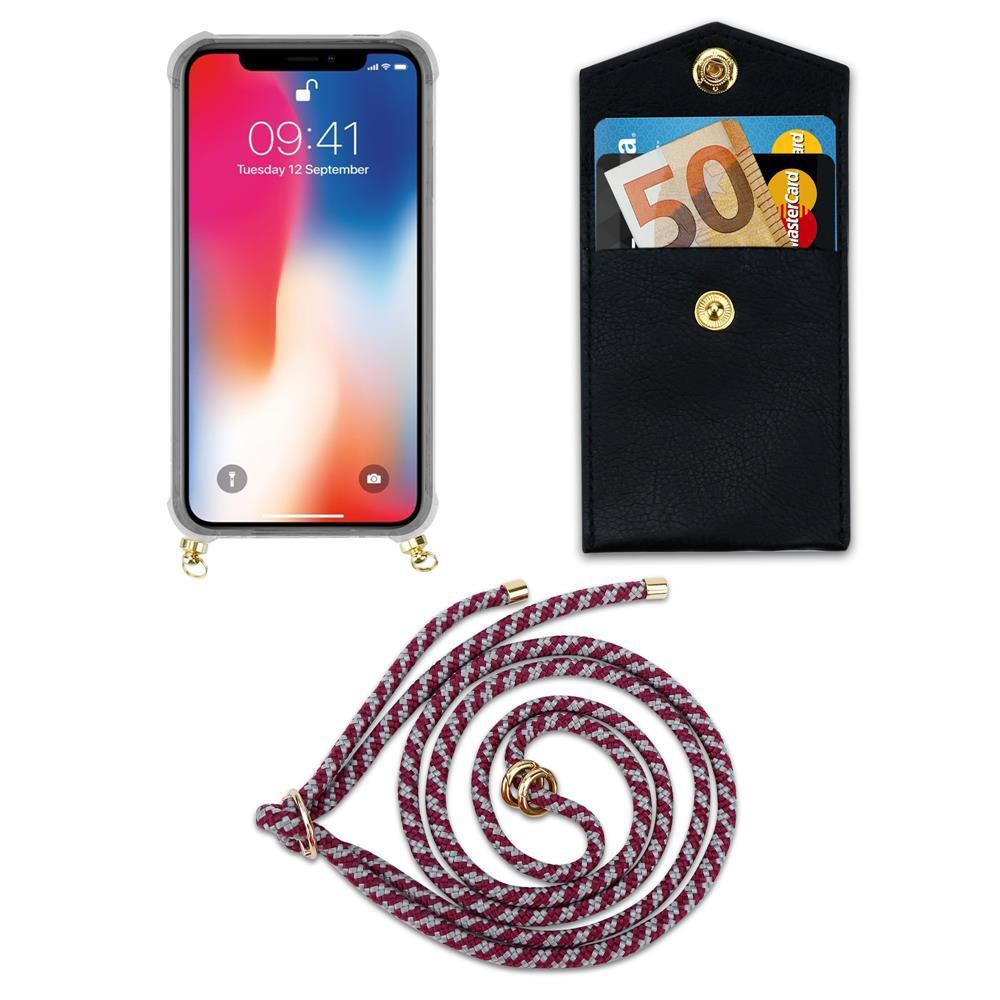 Smartphone con custodia, tasca nera con soldi e carte, corda.