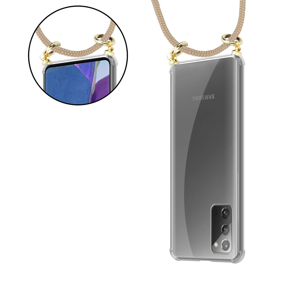 Custodia trasparente per telefono con cordino beige e configurazione fotocamera.