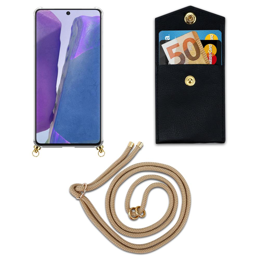 Uno smartphone in custodia con cordone, e un portafoglio con soldi e carte.