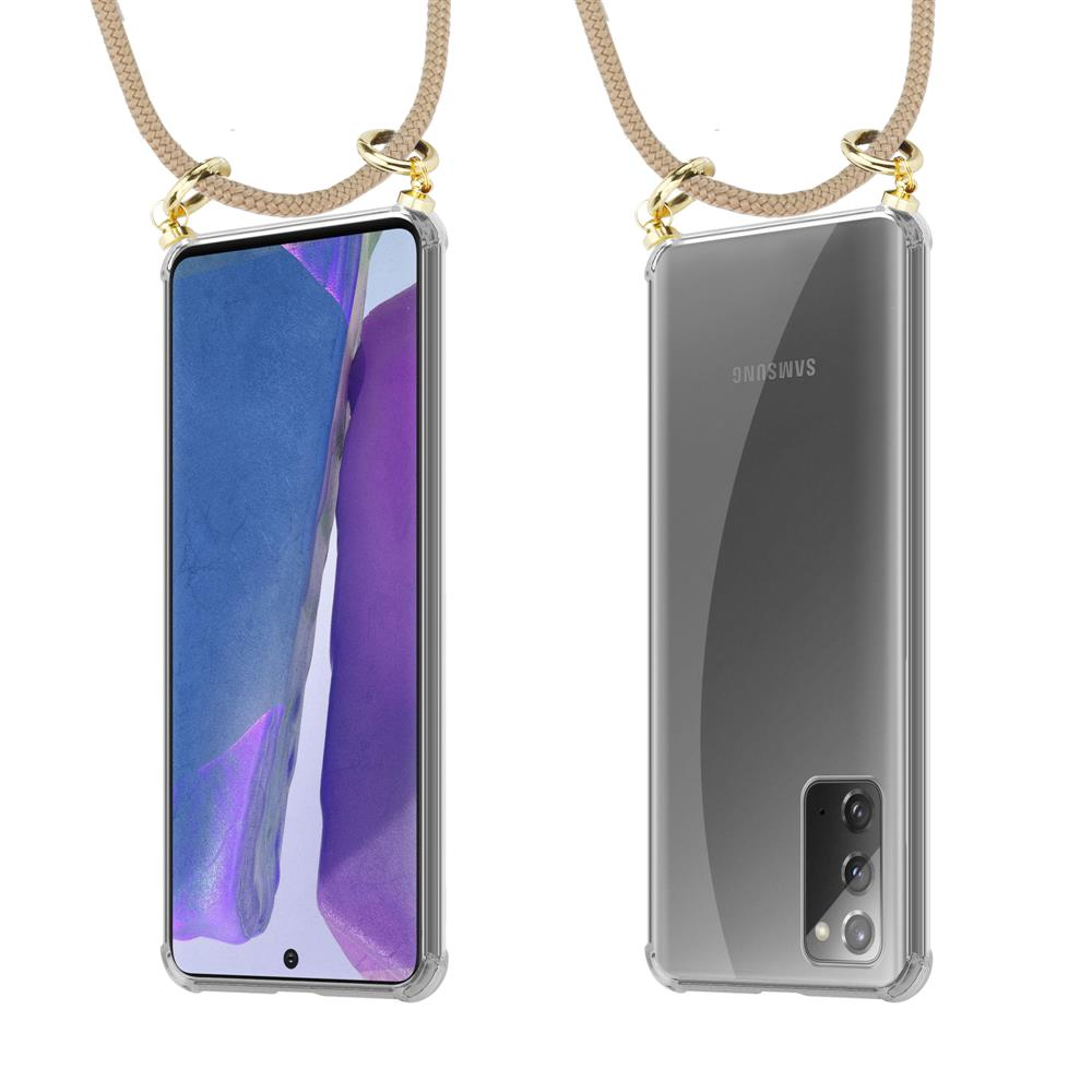 Uno smartphone in una custodia con cinturino, viste frontale e posteriore.