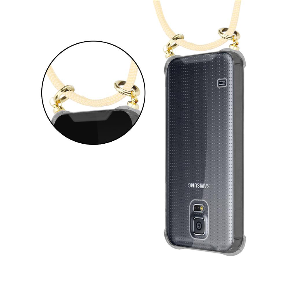Custodia trasparente con cordino beige e hardware dorato su un telefono Samsung.