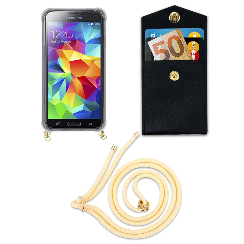 Smartphone in custodia, portafoglio con soldi e carte, e un laccio.
